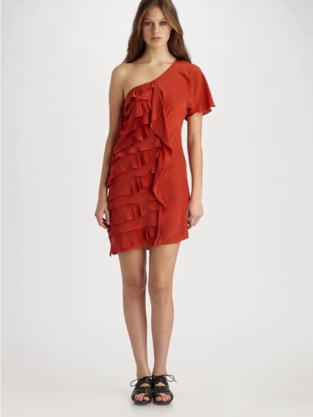 Sachin + Babi One-Shoulder Ruffle Mini Dress in Rust